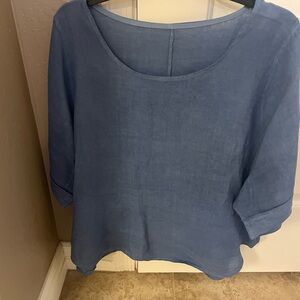 Linen Blue Boxy Blouse with Cuffed 3/4 Sleeves
